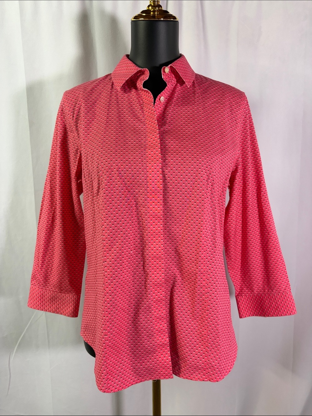 Talbots Pink Black & White Dot Print 3/4 Sleeve Button Down Cotton Shirt